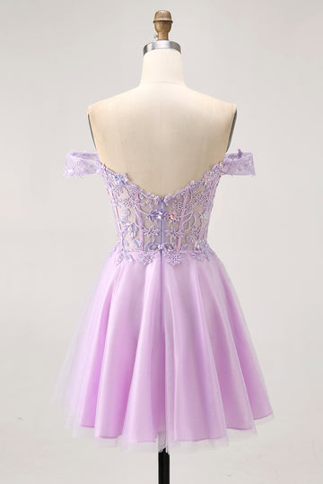 Off The Shoulder Lilac Floral A-Line Homecoming Dress with Appliques